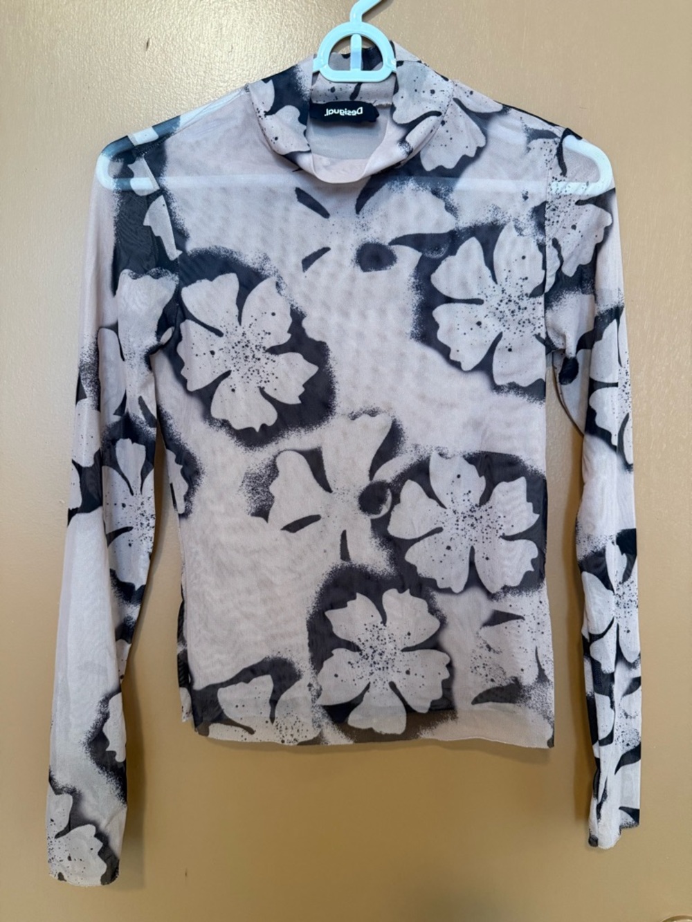 Desigual Sheer Long Sleeve Mock Neck Top with Black Floral Print